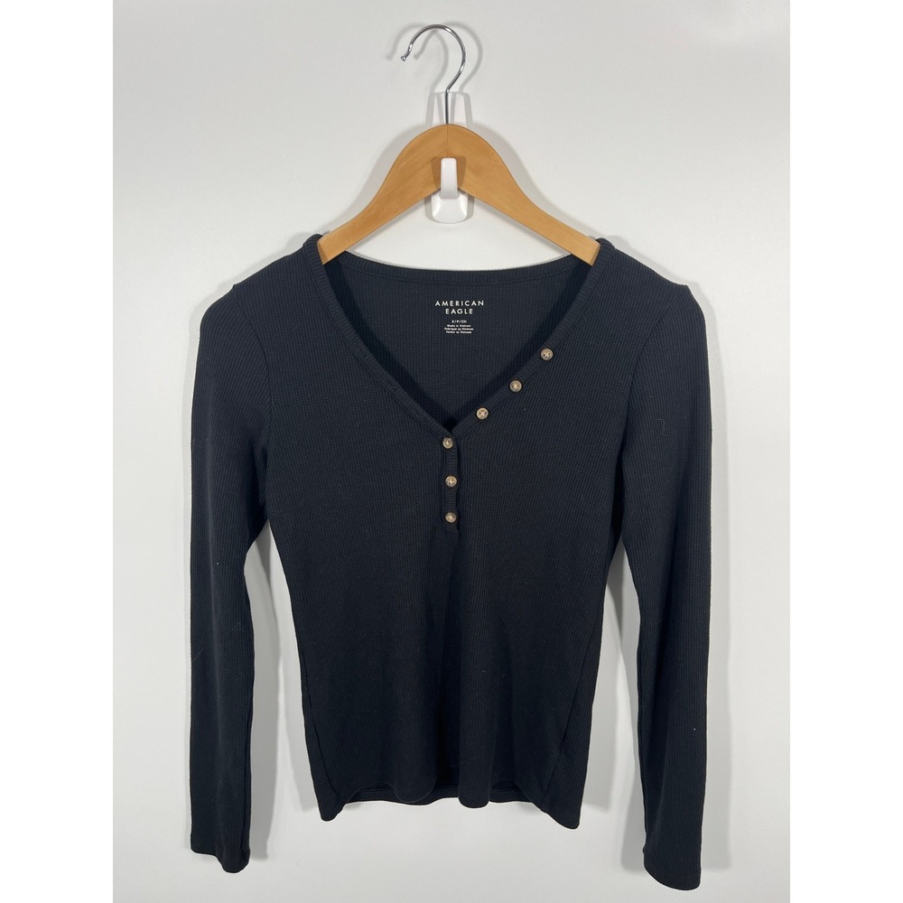 American Eagle Y2K Henley Womens Long Sleeve Top S Black Bella Swan Grunge